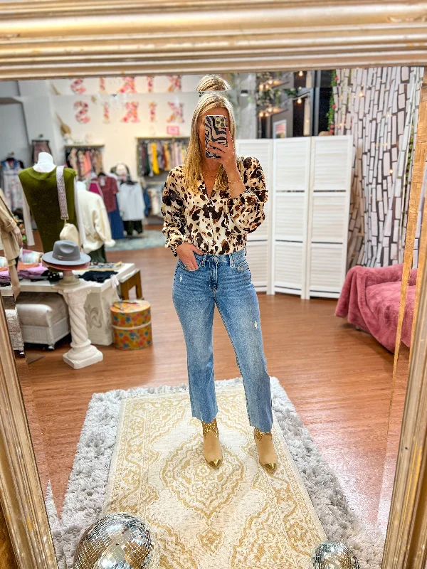 Animal Print Collared Long Sleeve Bodysuit