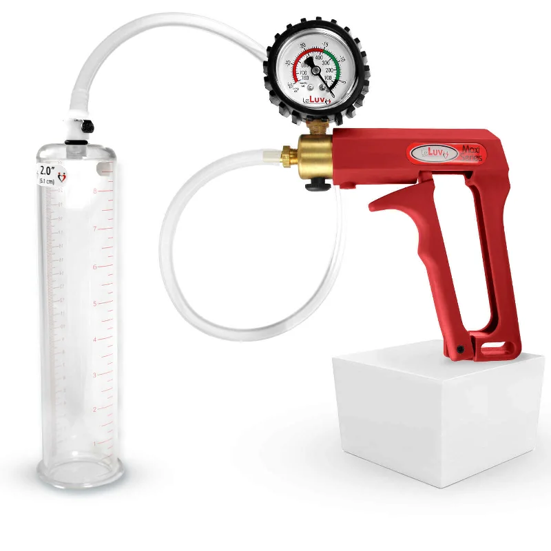 LeLuv Maxi Red Penis Pump Clear Hose | Gauge/Protected Gauge | Round Flange Cylinder