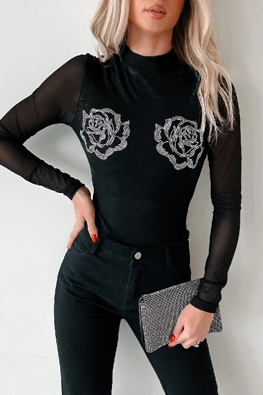 Playing Hard To Forget Rhinestone Rosette Mesh Bodysuit (Black)