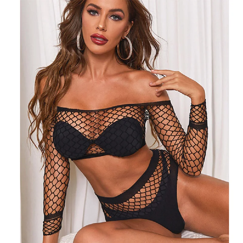 Sexy Fishnet Lingerie Set Long Sleeve Off Shoulder Bra