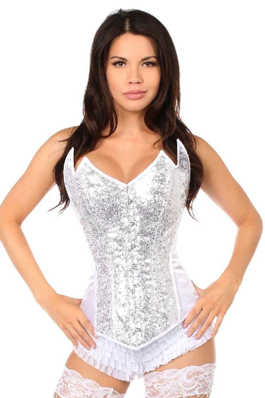 Top Drawer White/Silver Sequin Pointed Top Steel Boned Corset