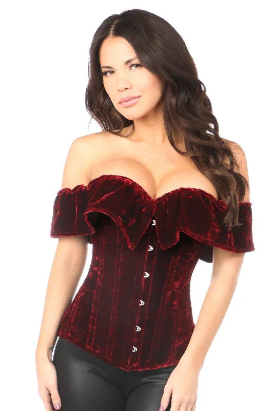 Top Drawer Dark Red Velvet Off-The-Shoulder Steel Boned Corset