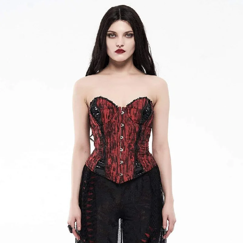 Women's Gothic Faux Leather Barky Jacquard Overbust Corsets Red