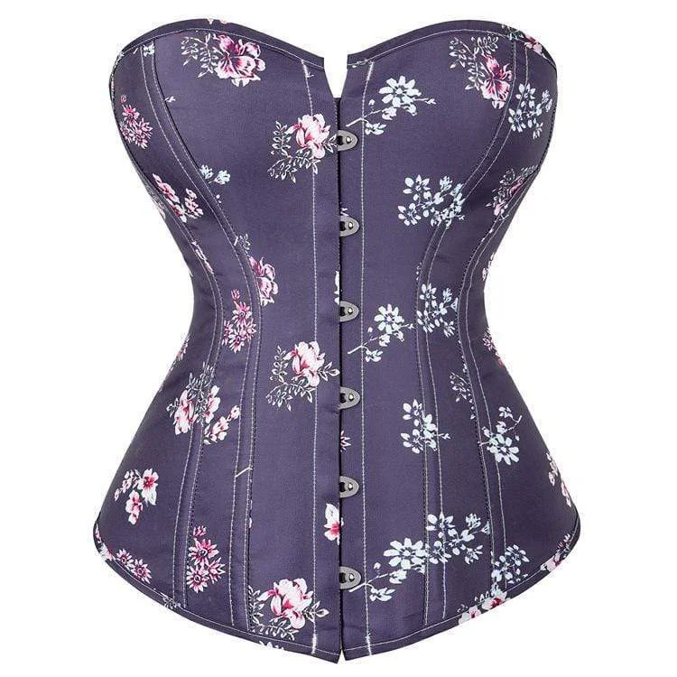 Women's Gothic Floral Printed Strappy Overbust Corset Purple