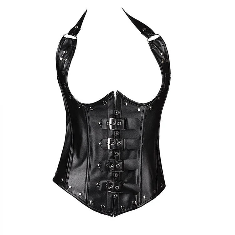 Women's Gothic Rivets Halter Top Underbust Corsets With T-back