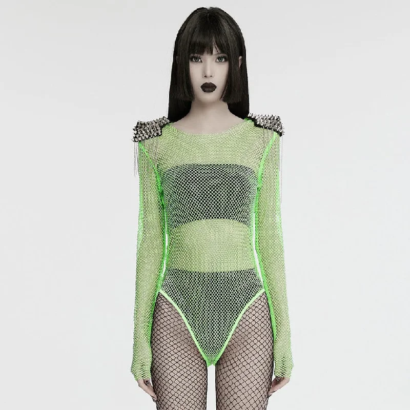 Women's Punk Studded Tassel Mesh Bodysuit Green