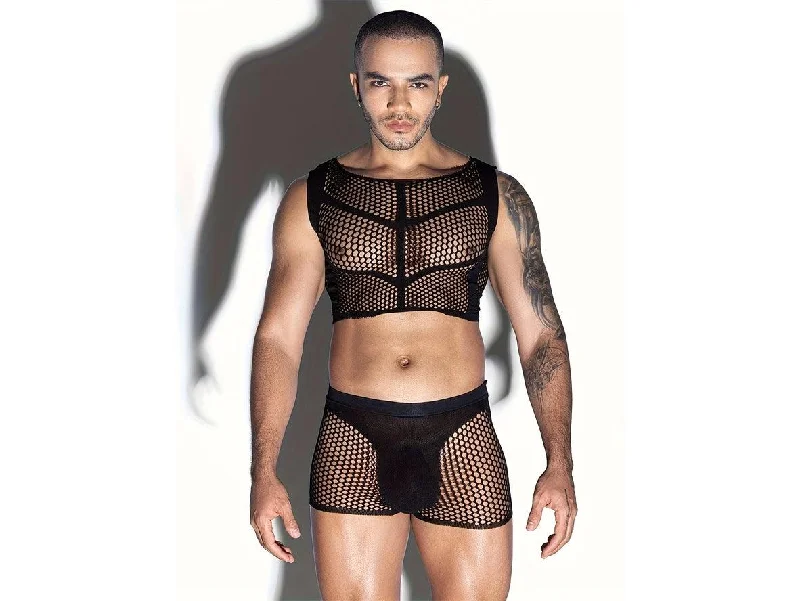 Gay Bodystockings | Clubwear 2pcs Set Fishnet Hollow Sleeveless Slim Tight Tops + Underpants