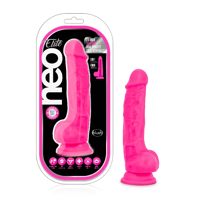 Neo Elite - 7.5" Silicone Dual Density Cock with Balls - Neon Pink